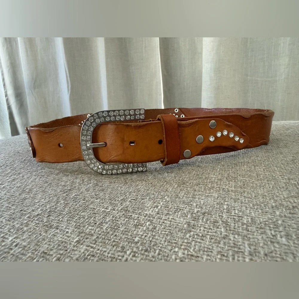 Boho Western Leather Belt Rhinestone Studded Buckle Festival Cowgirl Statement